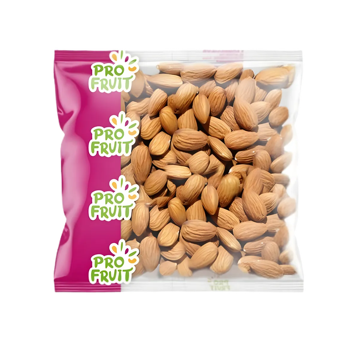 Amandes grillées salées PROFRUIT en sachet transparent, fruits secs croquants pour collation ou cuisine. Emballage marqué PROFRUIT.